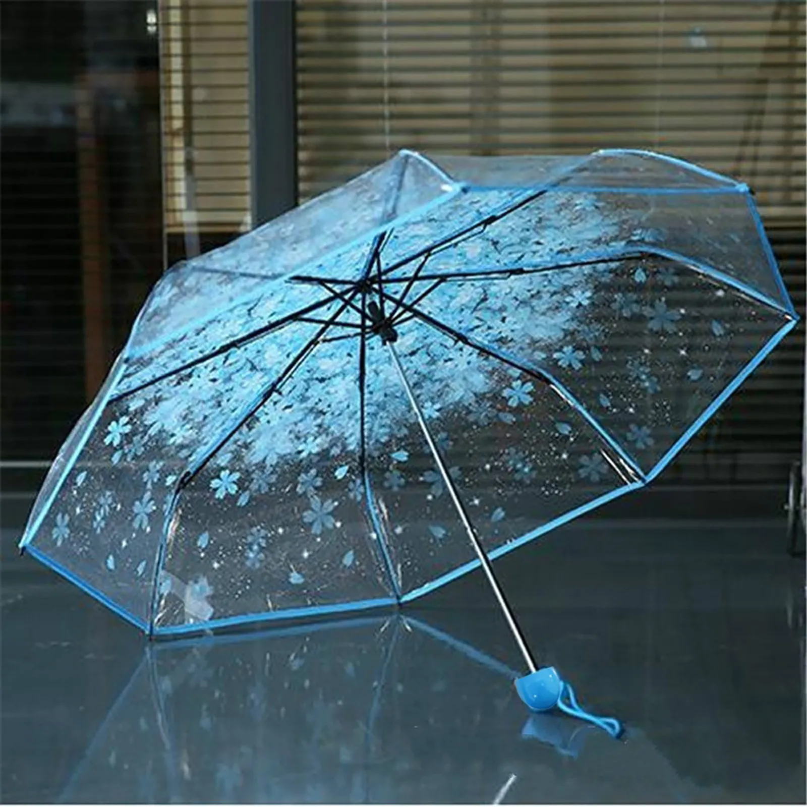 Durable 3-Fold Girls Travel Umbrella, Fashionable Sakura Fresh Transparent Petal, Fully Automatic 8 Bones