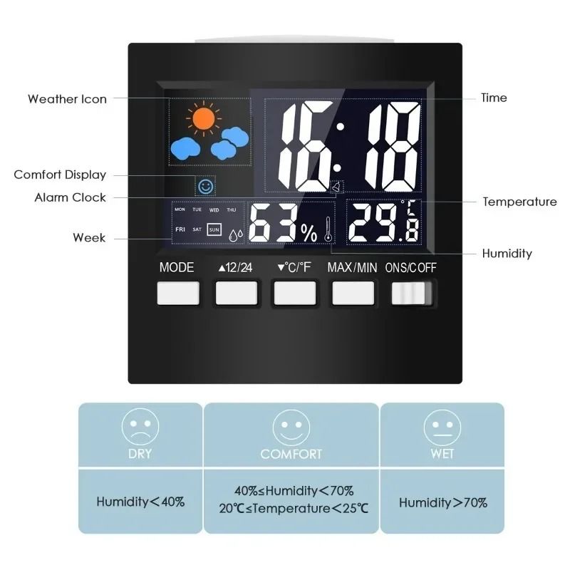 Smart Weather Forecast Station LCD Indoor Temperature Humidity Monitor Clock
