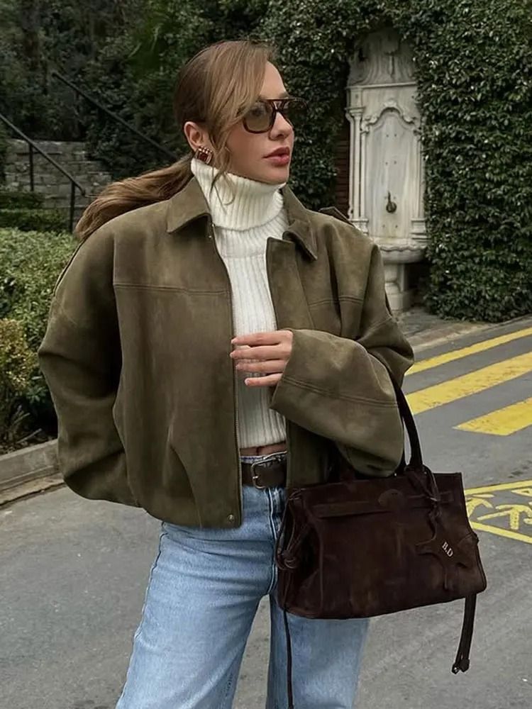 Womens Suede Bomber Jacket In Brown And Green
