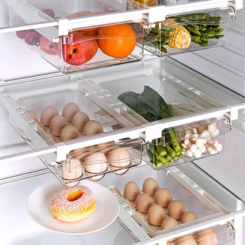 Under-Shelf Refrigerator Drawer Organizer – Transparent Food Storage Box for Fruits, Vegetables & Eggs