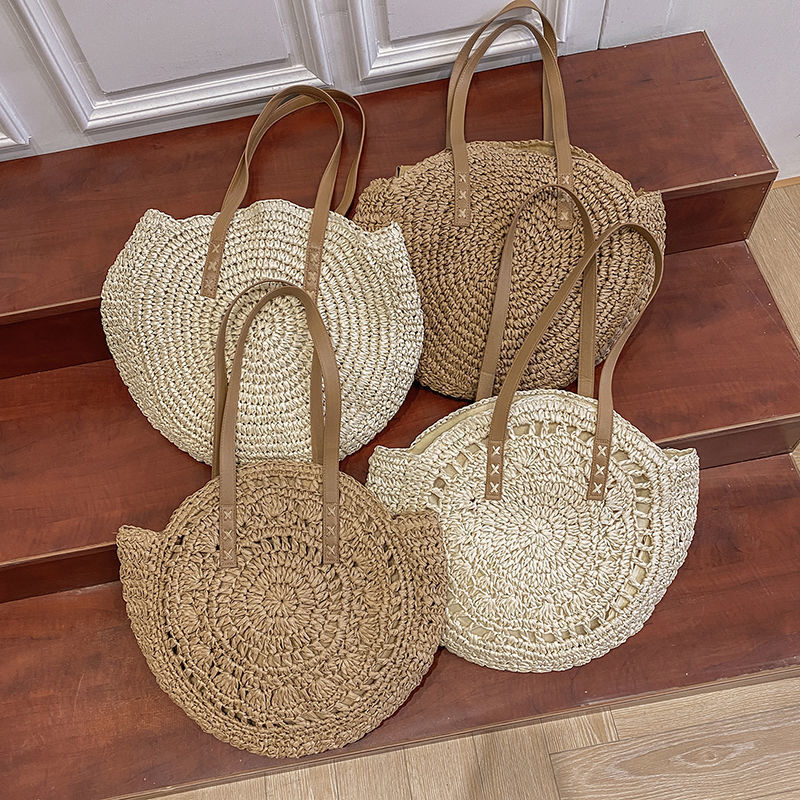 Summer Round Straw Bag Handmade Rattan Beach Tote Large Capacity Shoulder Bag