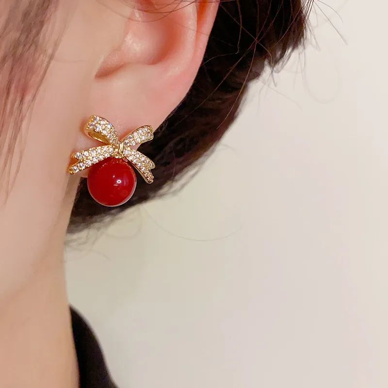Rhinestone Bow Pearl Stud Earrings Elegant Womens Jewelry
