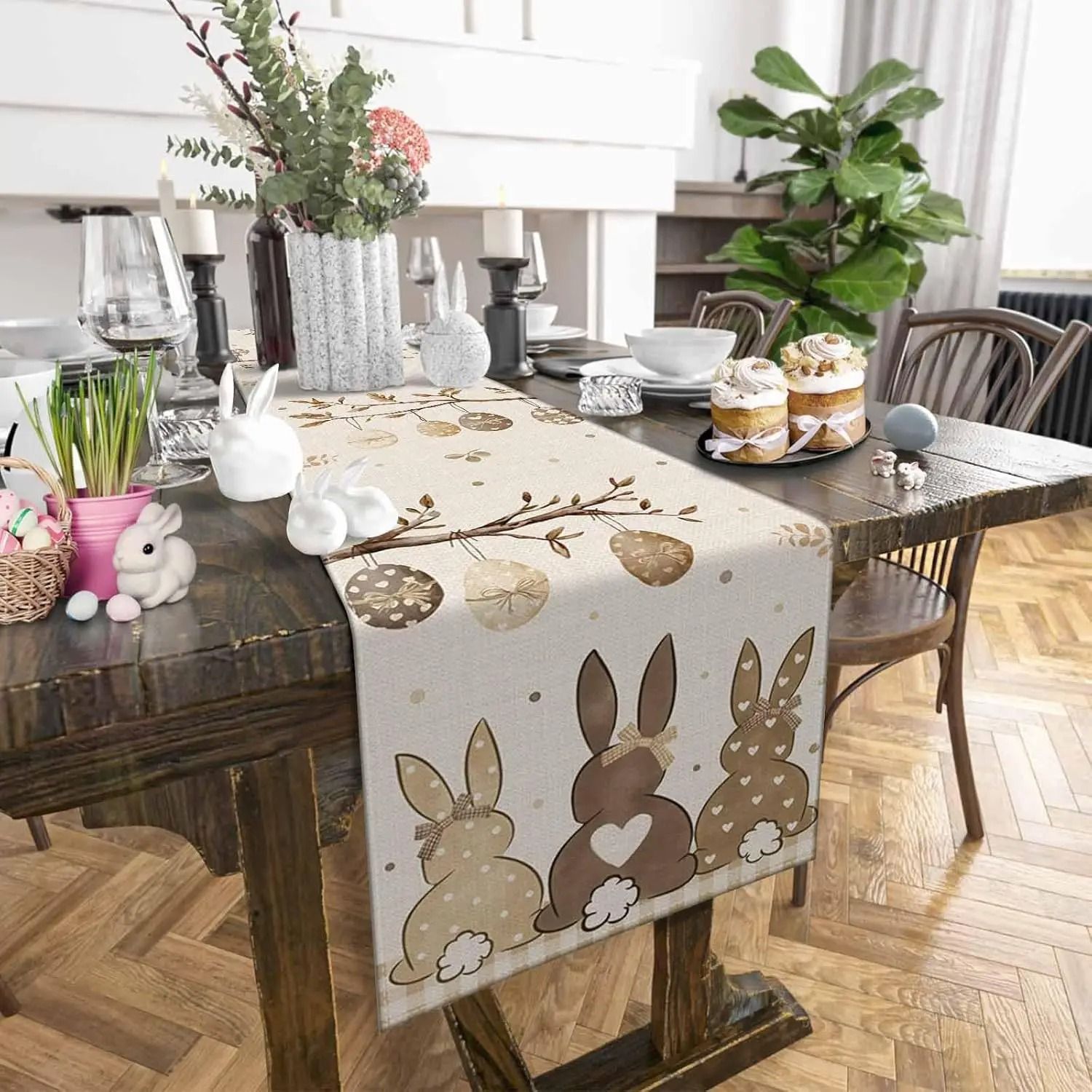 Easter Bunny & Botanical Linen Table Runner | Rustic Spring Holiday Dresser Scarf