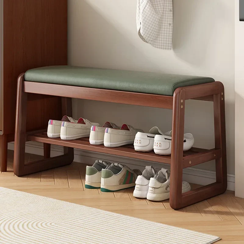 Woven Shoe Changing Stool, Multi-Layer Storage, Solid Wood, Entrance Door Bench, Can Sit on Shoe Stool for Home
