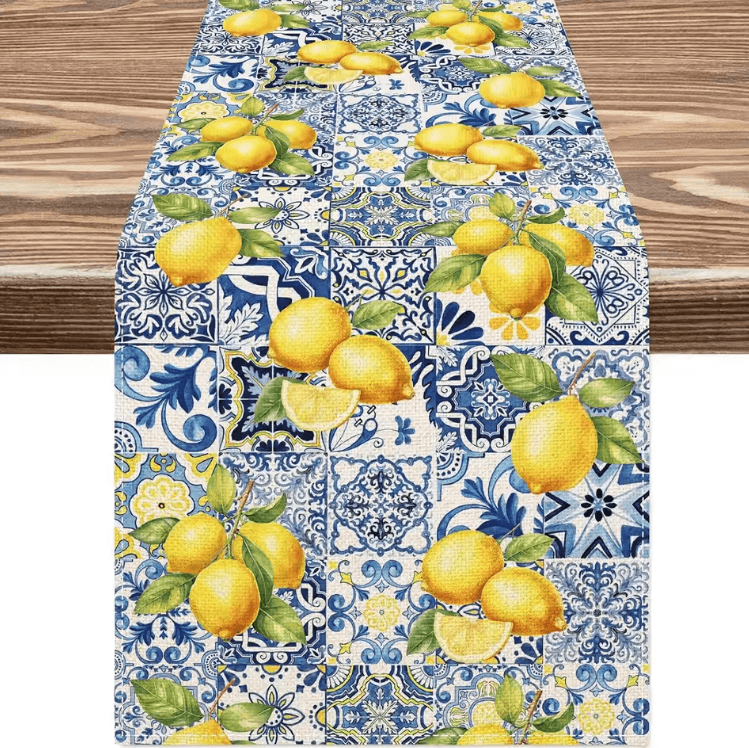 Summer Lemon Table Runner – Farmhouse Linen Table Runner Citrus Dining Decor