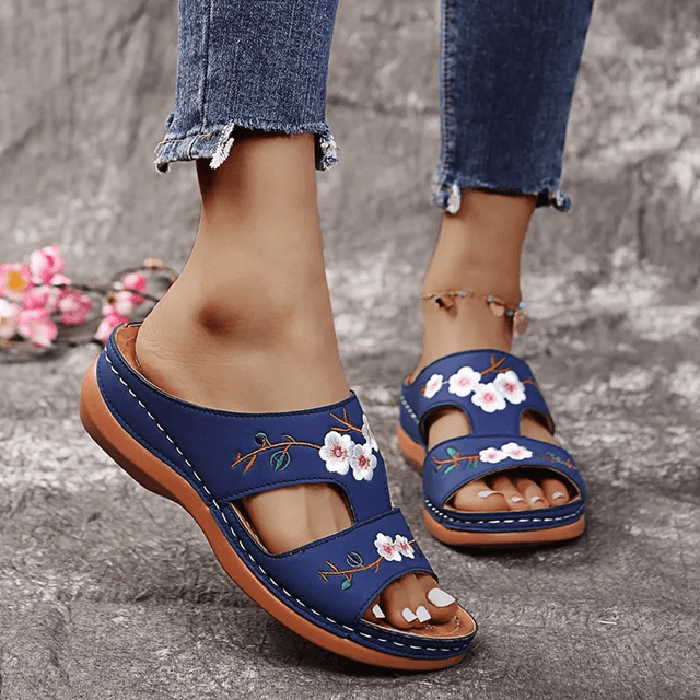 FloraStep Embroidered Leather Wedge Slippers