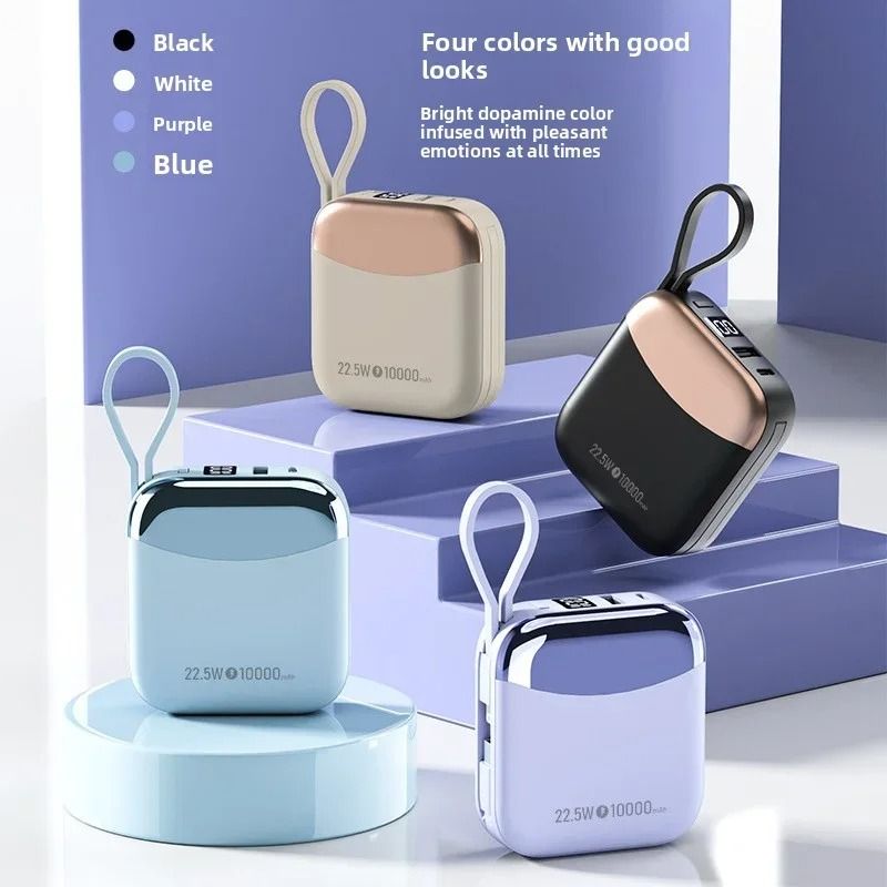 Mini Palm Power Bank – 10000mAh Ultra-Compact External Battery with 22.5W Fast Charge & Built-In Cables
