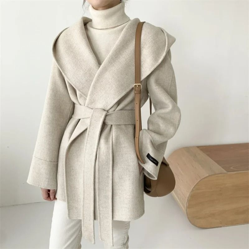 Elegant Hooded Lace-Up Woolen Jacket