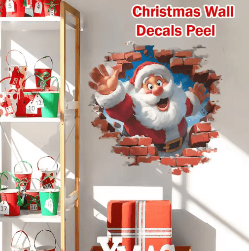 3D Christmas Santa Claus Wall Sticker Break Through Wall Holiday Decor Decal