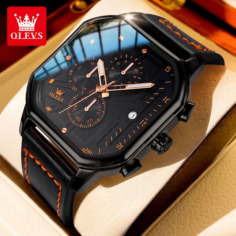 OLEVS 9950 Luxury Square Chronograph Men's Quartz Watch with Luminous Leather Strap