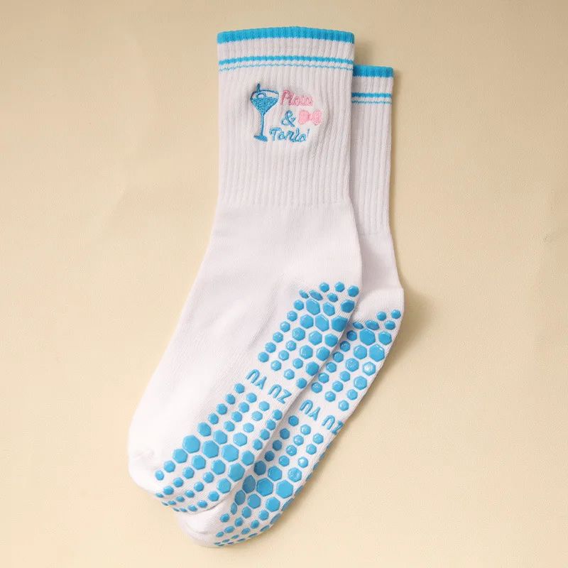 Womens Knitted Embroidered Non-Slip Yoga Socks EU 36–43 – Silicone Grip Pilates & Fitness Mid-Calf Socks