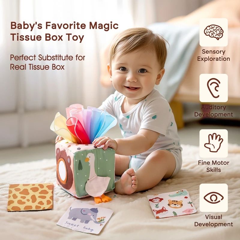 Magic Tissue Box Toy for Babies Montessori Sensory Cloth Book, Soft Rattle Game Finger Exercising Busy Board Educational