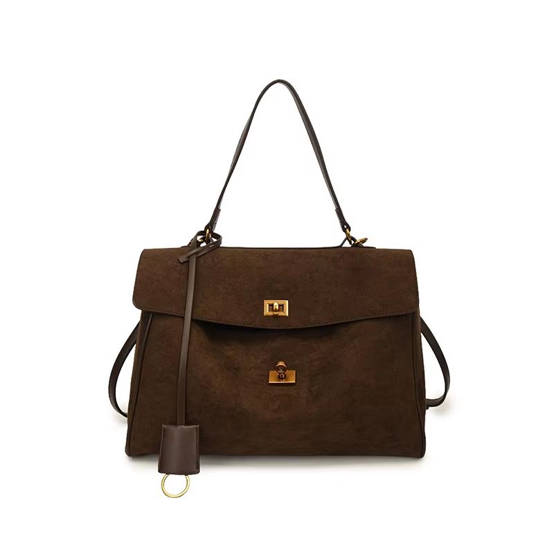 Luxury Suede Leather Messenger Bag with Gold Buckle, Soft Genuine Leather Shoulder Tote
