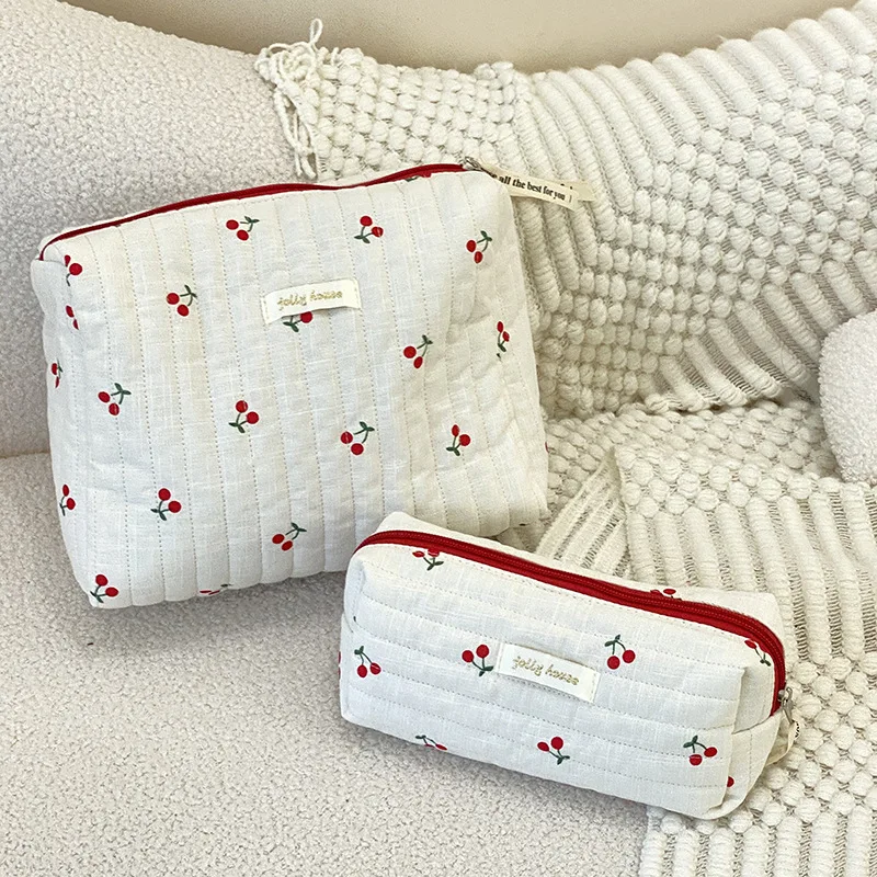 Retro Cherry Cotton Cosmetic Travel Bag Cute Makeup Organizer Pouch for Women and Girls