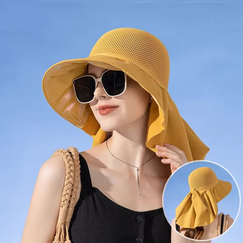 Women's Summer Sun Hat with Face and Neck Protection – Lightweight Mesh Bucket Hat with Shawl and Bow Detail