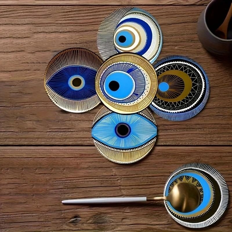 Wooden Coaster Set Evil Eye Design Decorative Coffee Drink Coasters for Table Protection