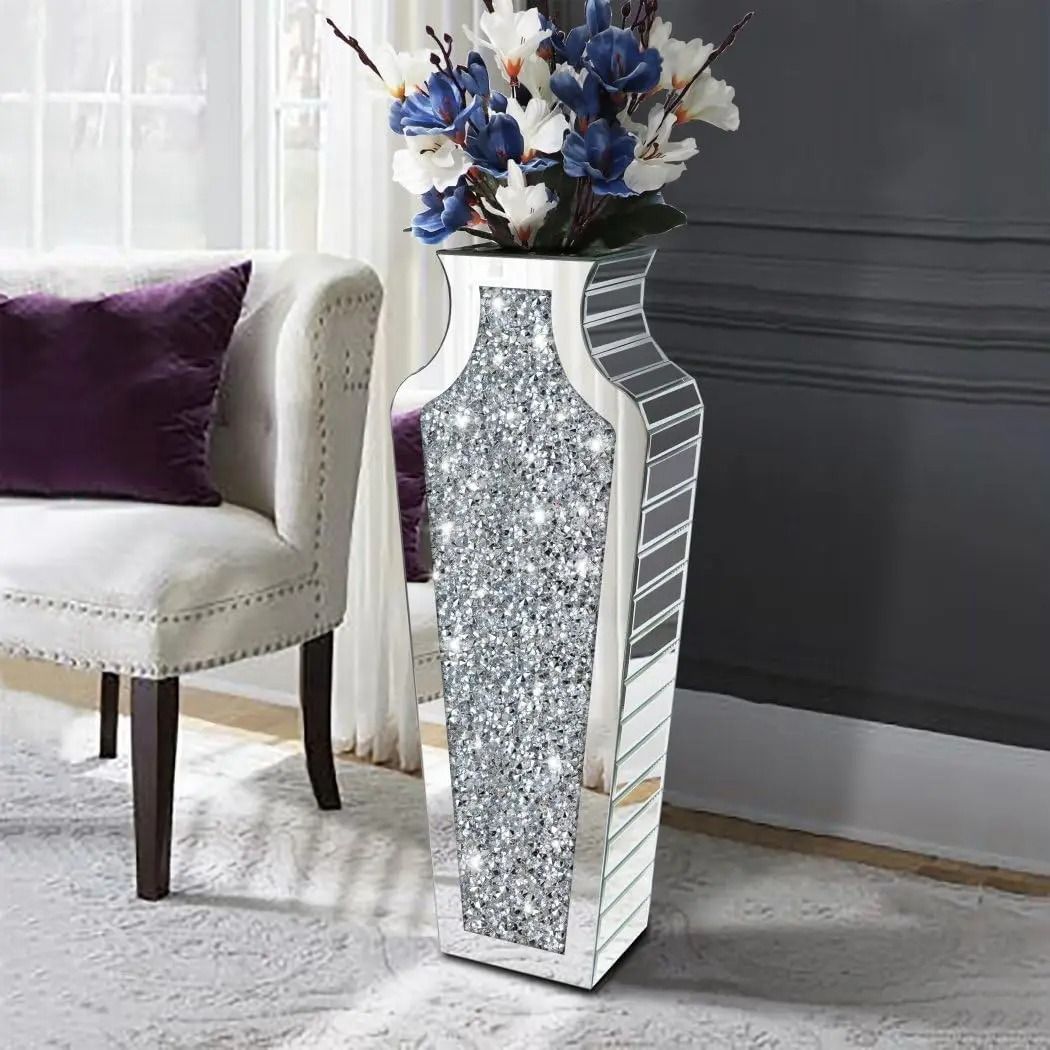 Contemporary Crushed Diamond Mirrored Floor Vase Collection