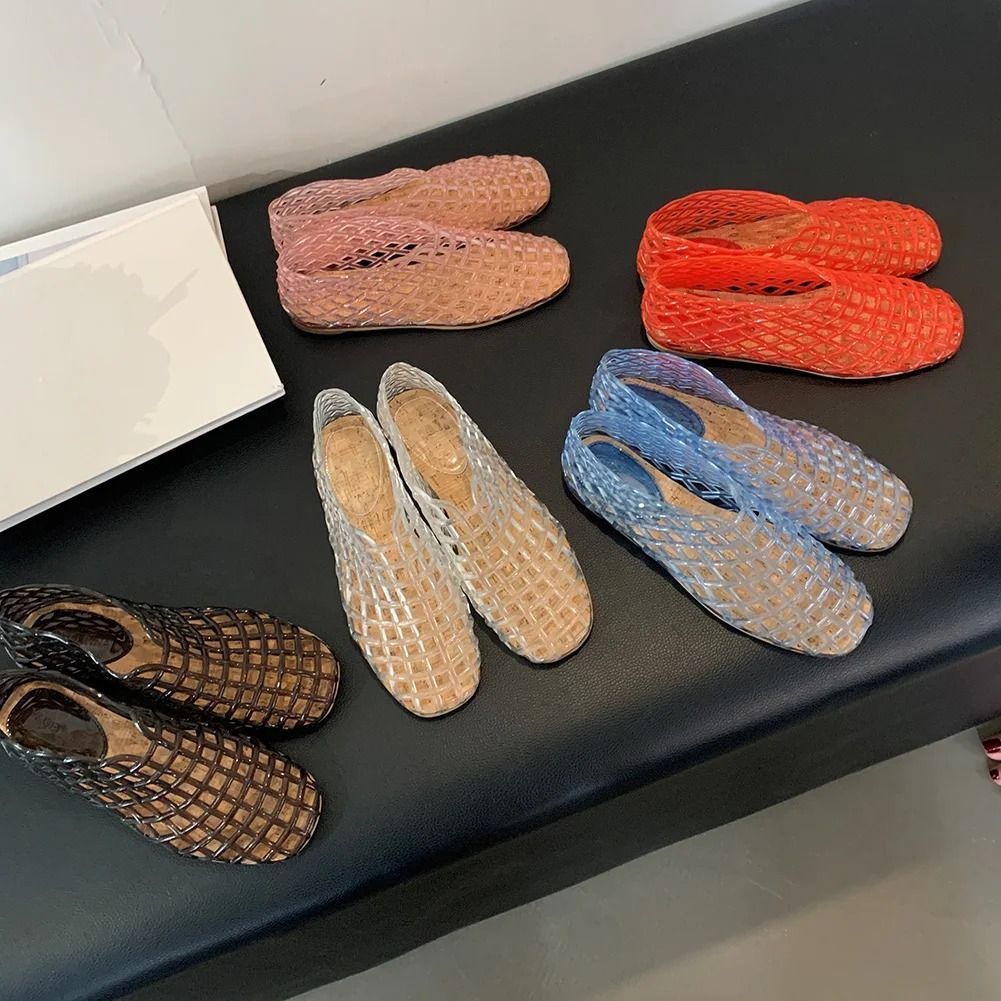 Women Mesh Jelly Ballet Flats Hollow Square Toe Summer Beach Shoes