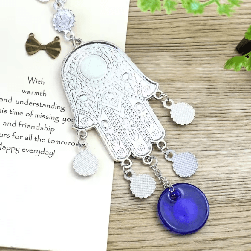 Hamsa Fatima Hand Wind Chime Decor – Blue Eye Evil Eye Hanging Ornament