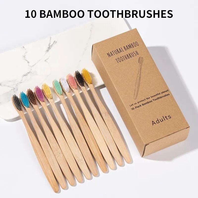Natural Eco-Friendly Bamboo Toothbrush Set with Individual Cowhide Wrap 10-Piece Value Pack