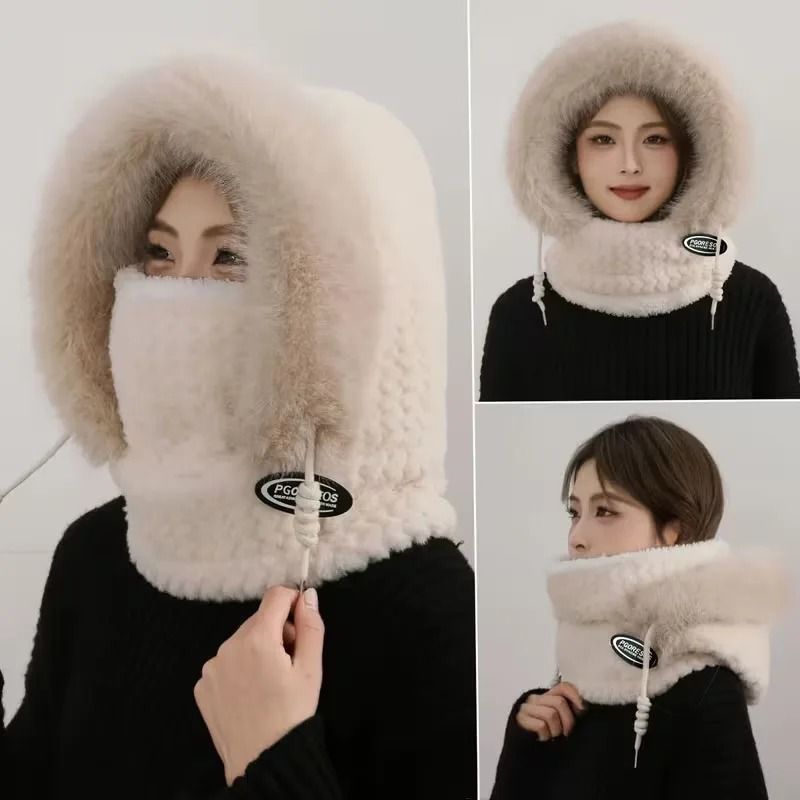 Women Thermal Plush Hood Hat Scarf Mask Set Windproof Winter Wear