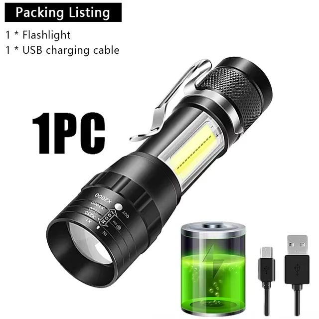 USB Rechargeable Mini COB+XPE LED Flashlight with Zoomable Beam and 3 Modes