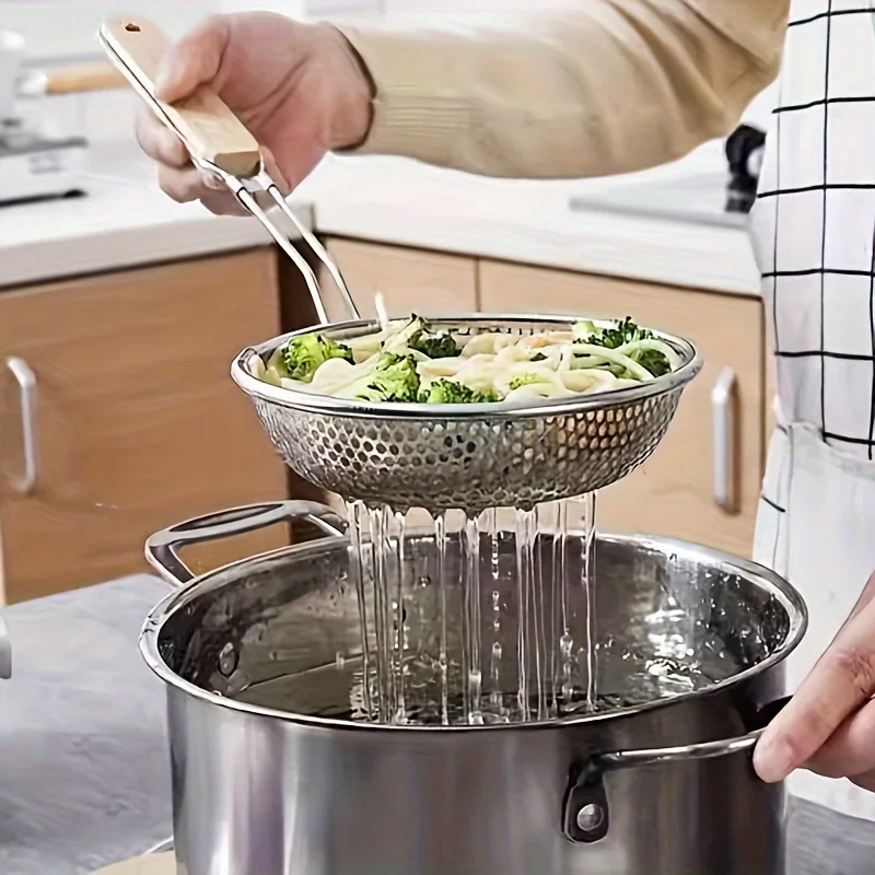 Stainless Steel Colander with Wooden Handle Fine Mesh Skimmer Spoon for Cooking and Pasta Noodles