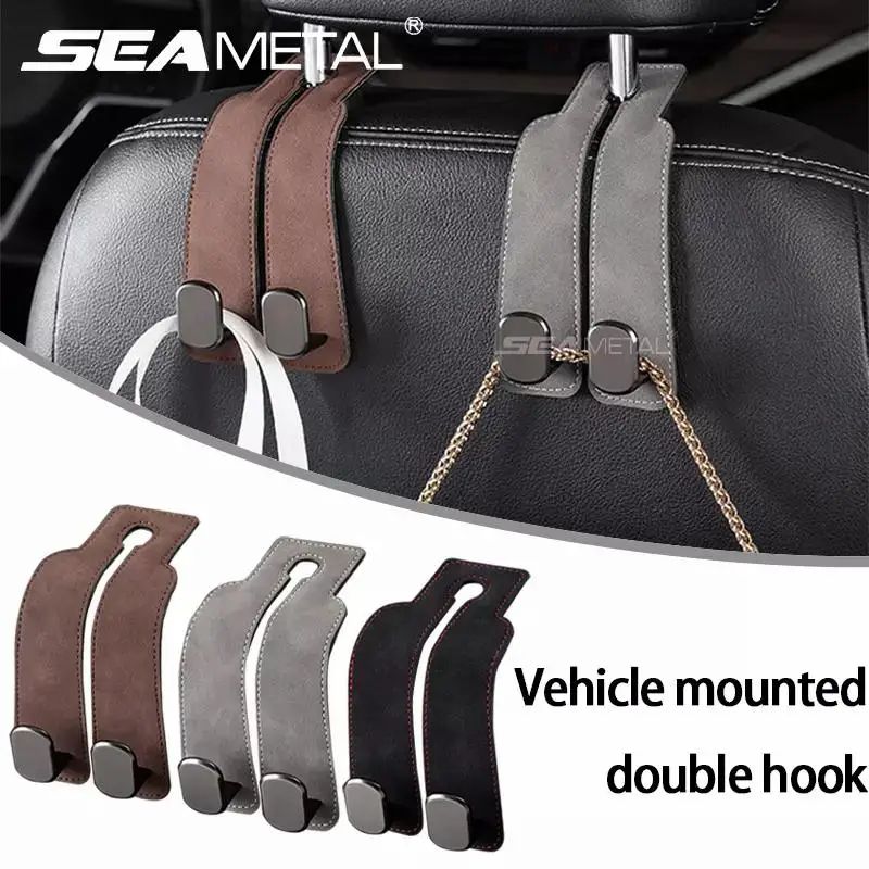 Car Headrest Hook Premium Suede Dual Hanger Alloy Hook for Rear Seat Bag Purse Storage Organizer Universal Fit