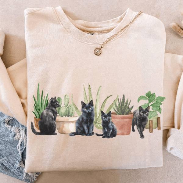 Cats and Plants Sweatshirt for Women Gardening Cat Lover Crewneck Cozy Plant Lady Pullover