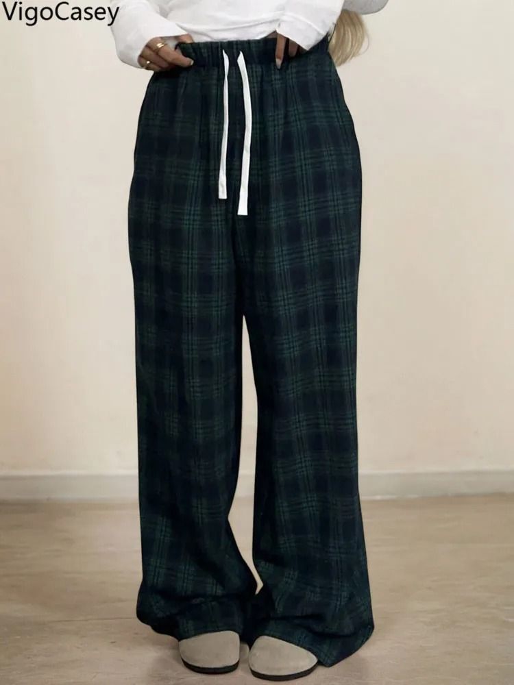 VigoCasey 2025 Women Plaid Print Casual High Waist Wide Leg Pants Green Baggy Autumn Winter Trousers