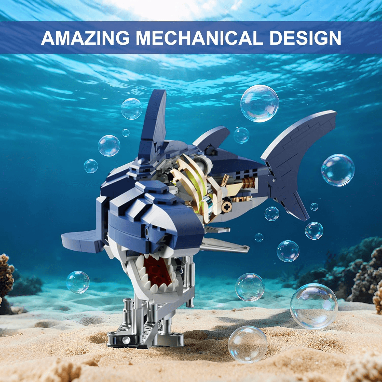Mechanical Shark Building Set, Shark Sea Life Blocks with Display Stand & Lights
