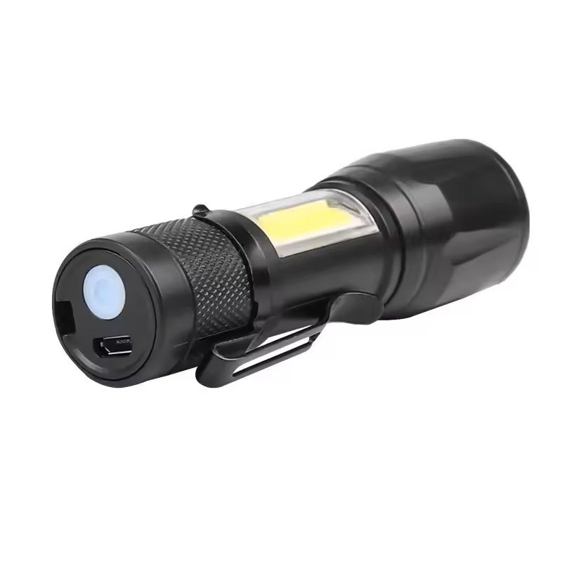Mini LED Flashlight with COB+XPE – USB Rechargeable, Zoomable Focus, Tactical Design with Pen Clip