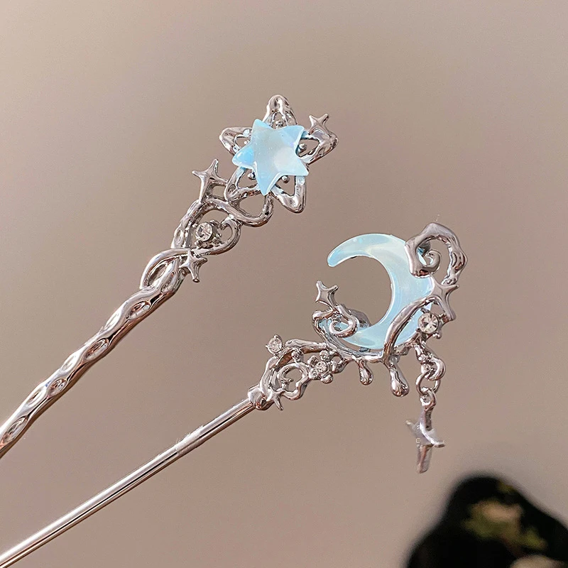 Romantic Moonstone Star Hairpin, Metal Branch Hair Fork, Elegant Chinese Style Jewelry for Girls