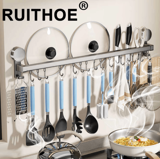 Wall Mounted Kitchen Hook Rack No Drill Utensil Hanger Rail with Chopping Board Holder