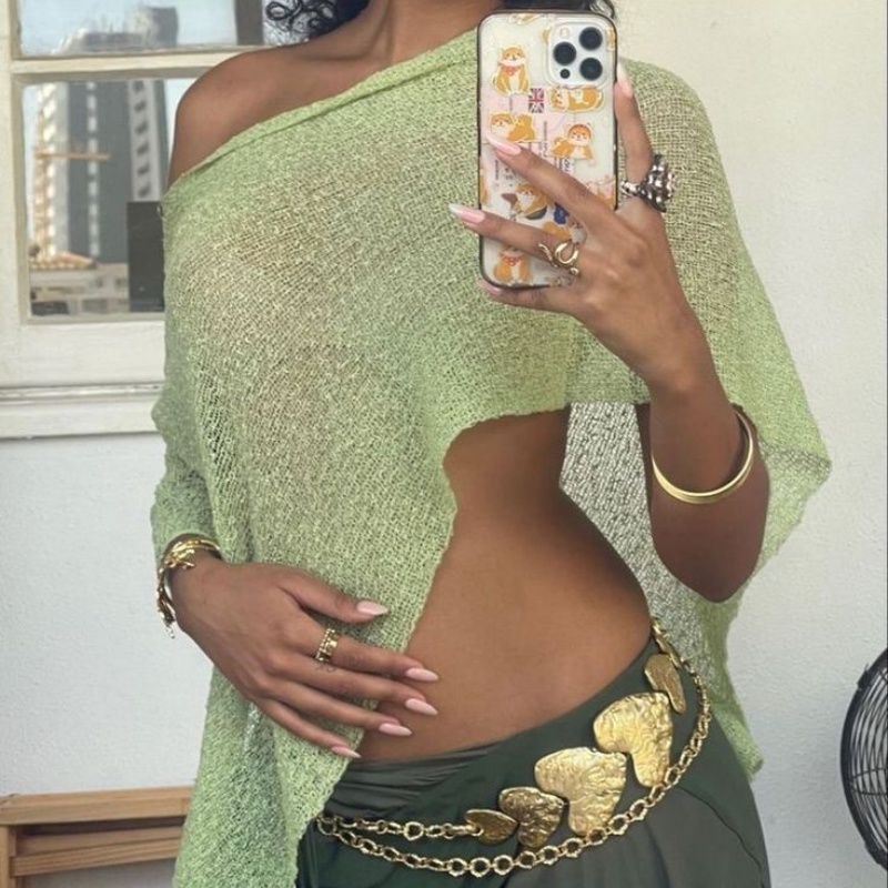 Women Knit Cover-ups Summer, Loose Pullover Smock Crop Tops, Autumn See-through Irregular, Summer Beach Bikinis Cover Up