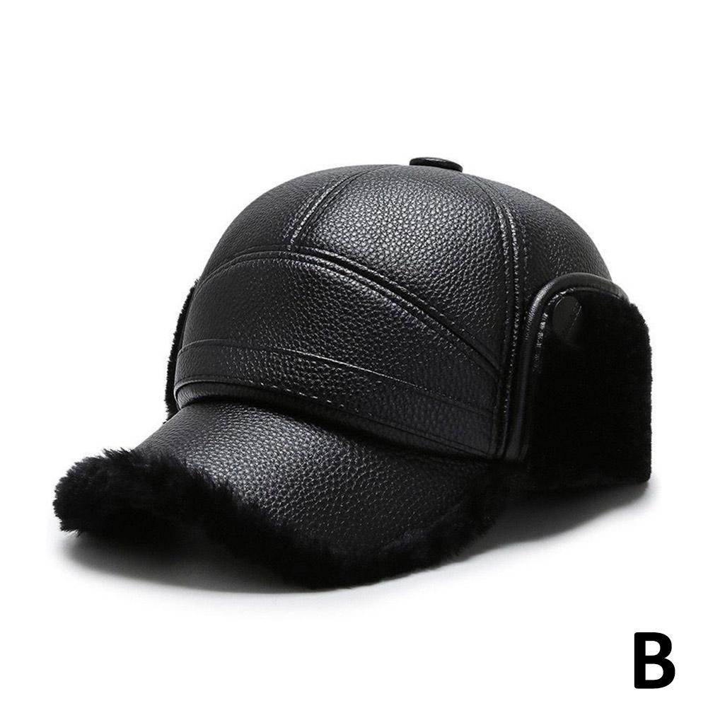 Winter Baseball Cap Men PU Leather Bomber Caps, Warm Thicker Dad Hat With Earflaps, Windproof Tongue Hat