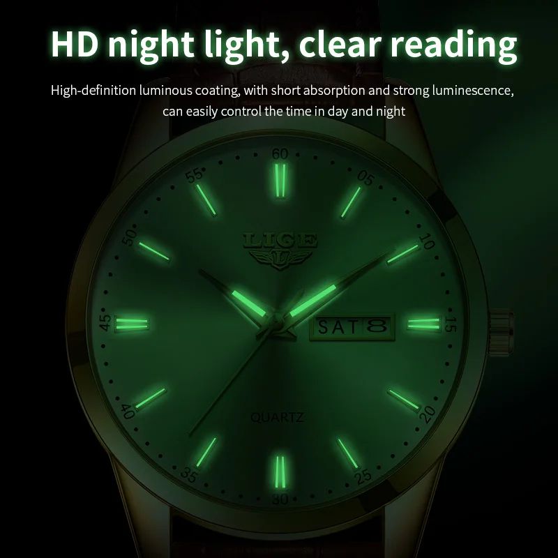 LIGE Executive Waterproof Men's Leather Quartz Watch with Luminous Date & Week Display