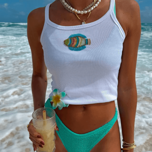 Combhasaki Glitter Pearl Crop Top Sheer Beaded Sleeveless Vest