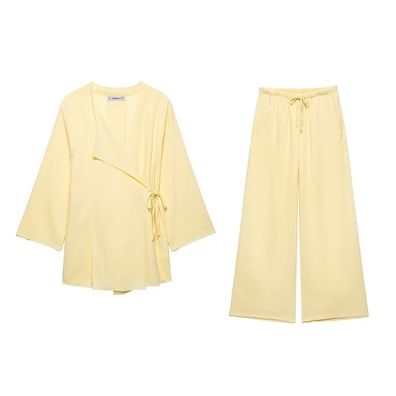 Womens Kimono Style Two Piece Outfit with Lace Up Top and Wide Leg Pants