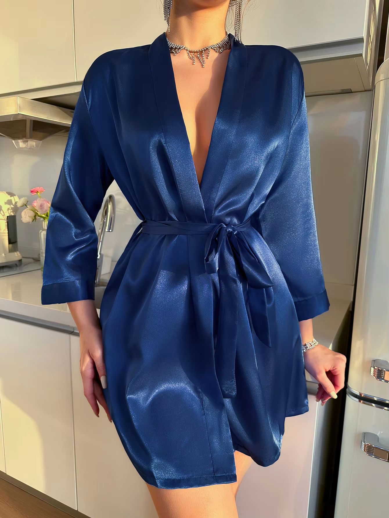 Women's Summer Ice Silk Lace-Up Home Pajama Robe