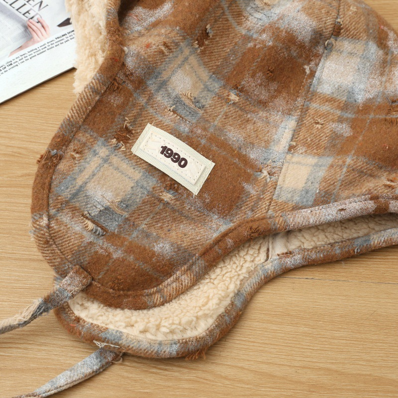 Plaid Unisex Ski Caps Thickened Warm Pilot Hat Windproof Bomber Hat