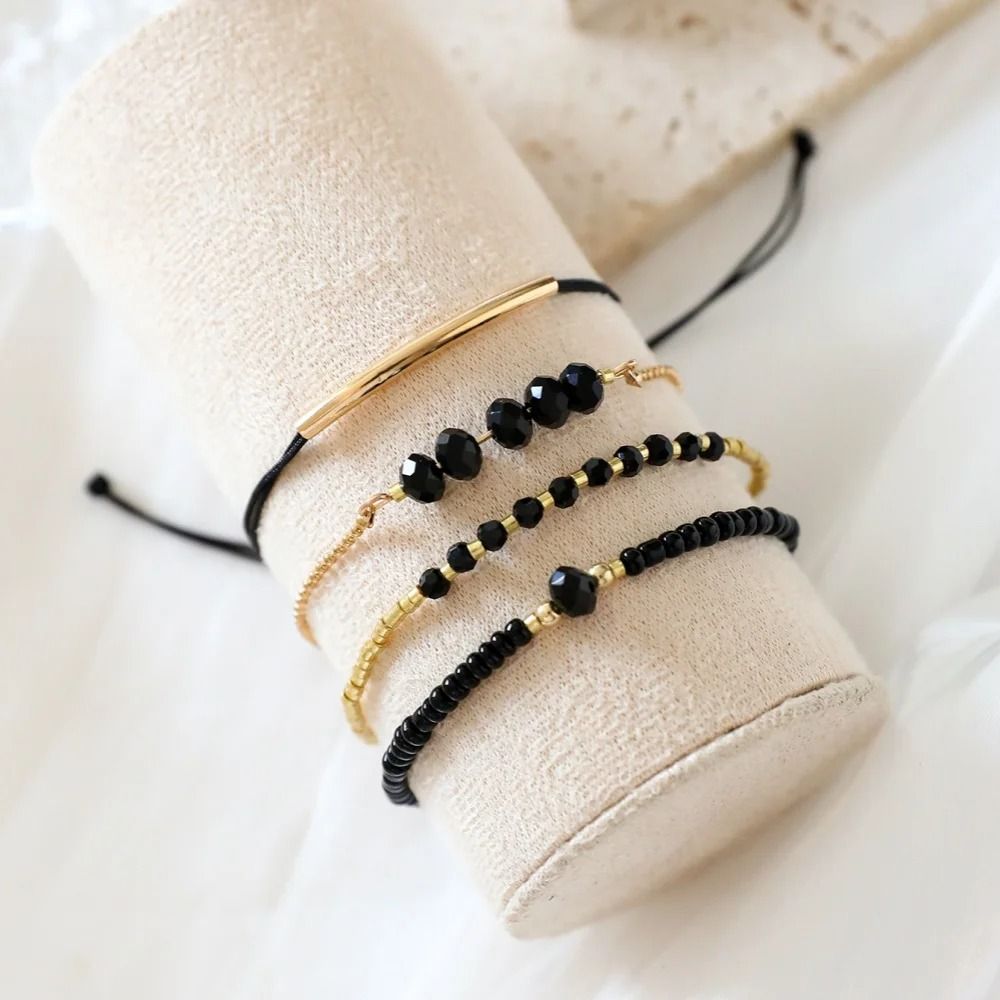 4 Piece Black Glass Stone Bracelet Set