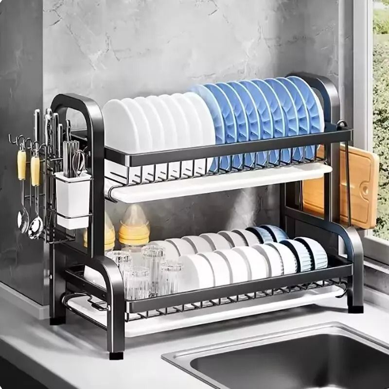 Stainless Steel Adjustable Dish Drying Rack with Drainboard – Kitchen Plate Organizer & Cutlery Holder