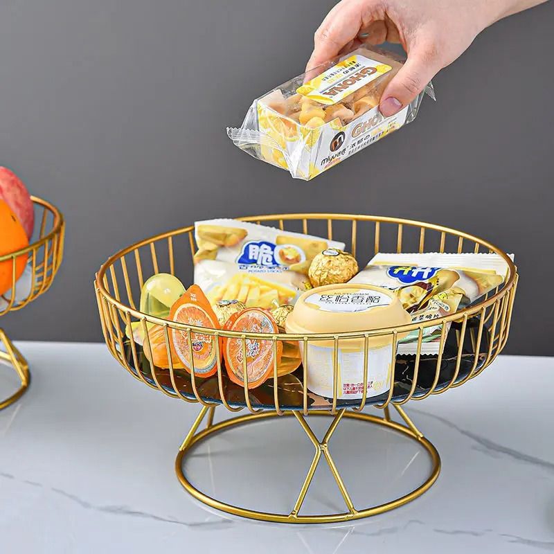 Nordic Style Large Round Fruit Basket for Kitchen Dining Table Home Decoration Gold Metal Wire Snack Display Stand