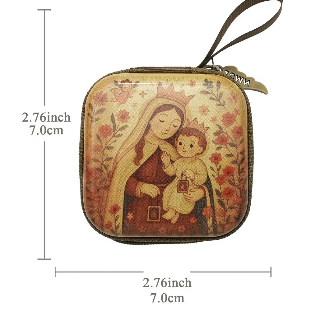 Virgin Mary Prayer Rosary Bag – 2.8 in Zippered Christian Jewelry Box – High-Yield Devotional Interaction Hub