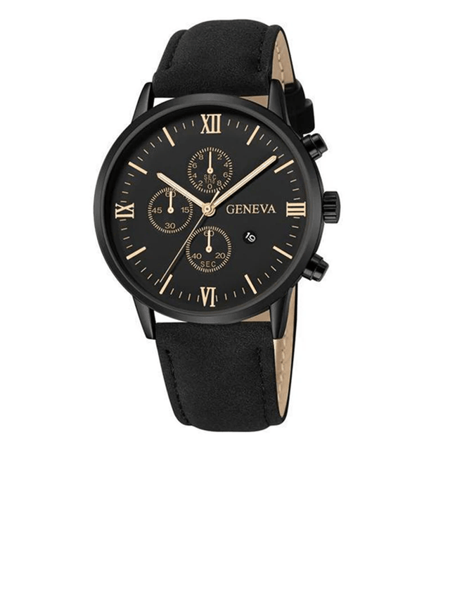Mens Casual Leather Quartz Watch with Calendar