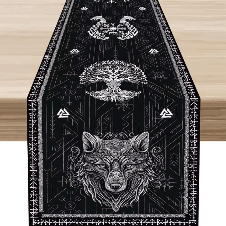 Norse Viking Raven Linen Table Runner – Mythology Tree of Life Farmhouse Table Decor