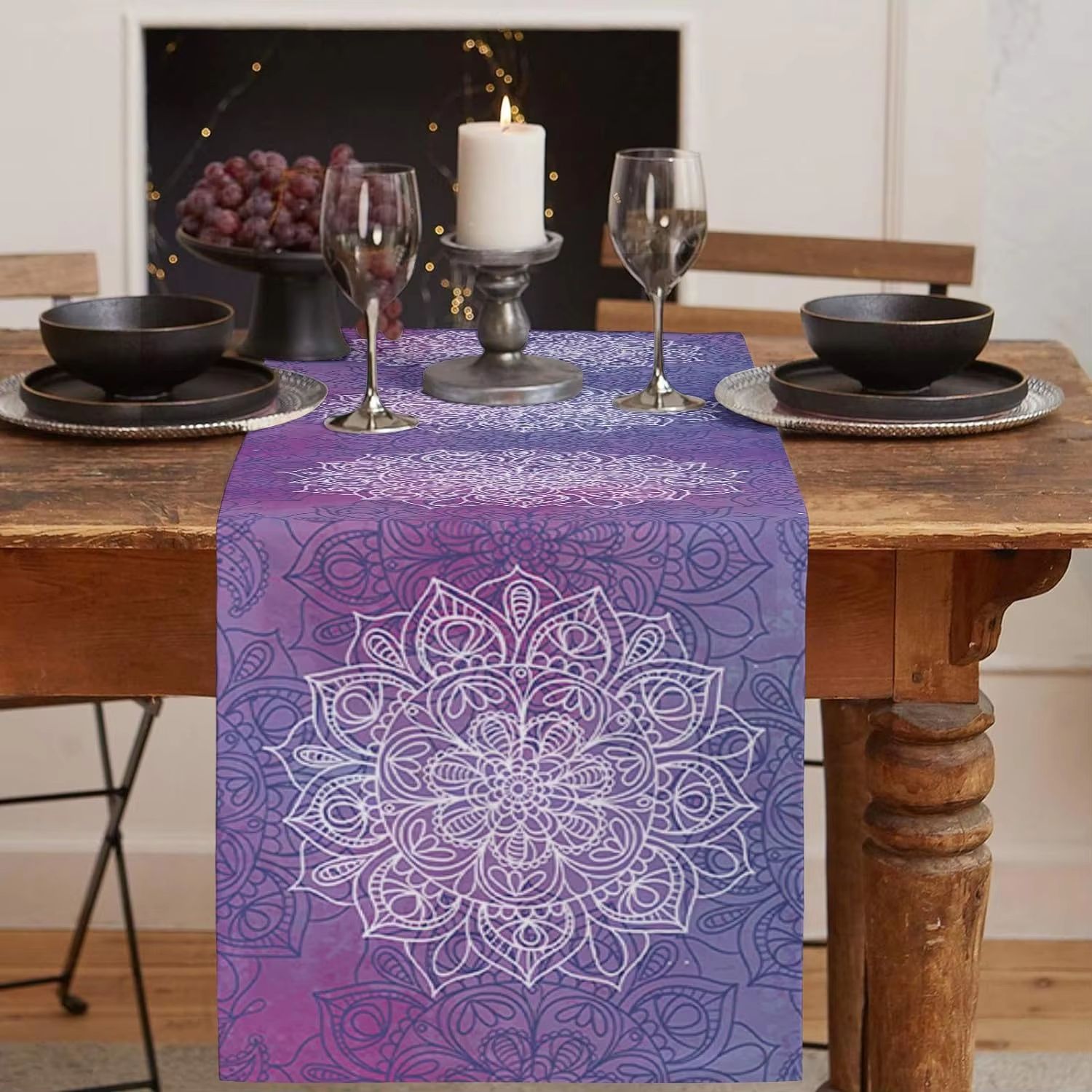 Bohemian Mandala Linen Table Runner Rustic Farmhouse Dining Decor