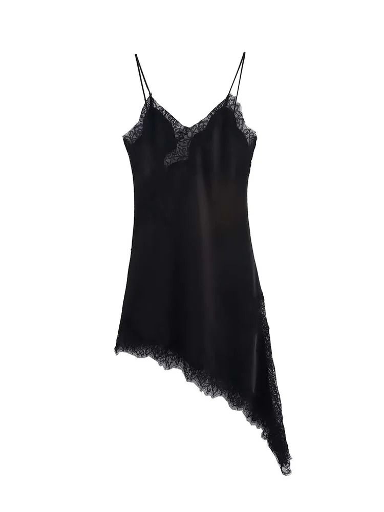 Women Fashion Sexy V Neck Lace Elegant Halter Dress Asymmetric Hem