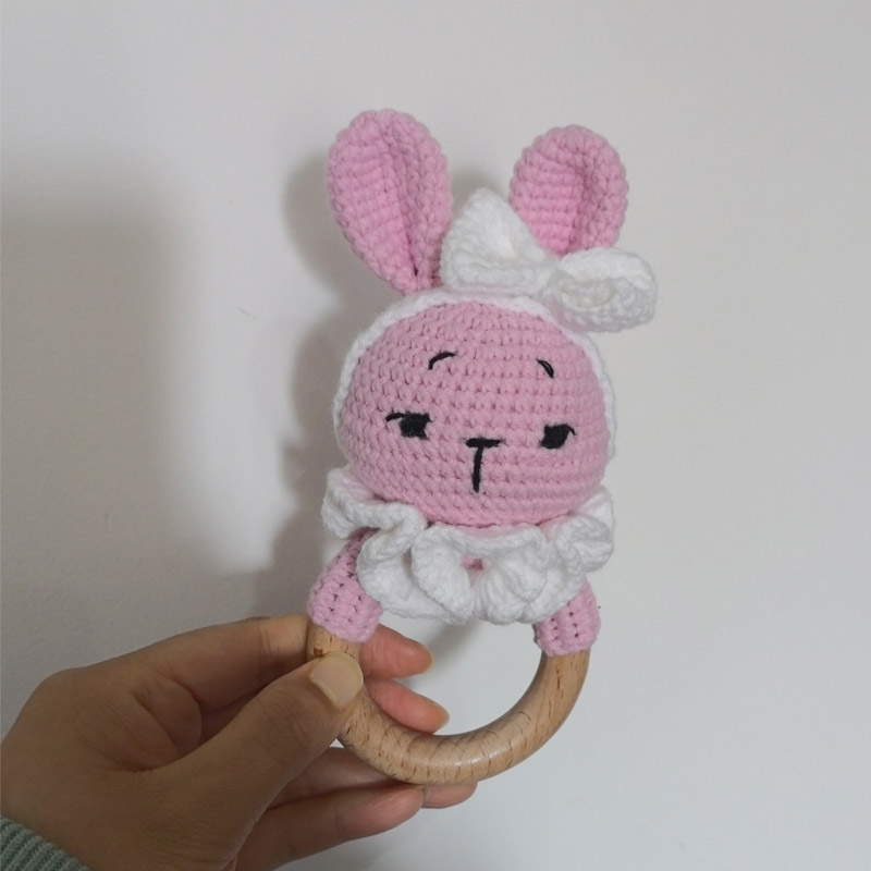 Long Ear Bunny Baby Rattler Safety Wooden Teether Mobile Crib Bell Teething Toy